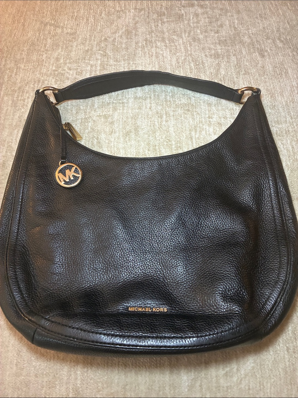 Michael Kors Black Pebbled Leather Shoulder Hobo with Gold MK Charm